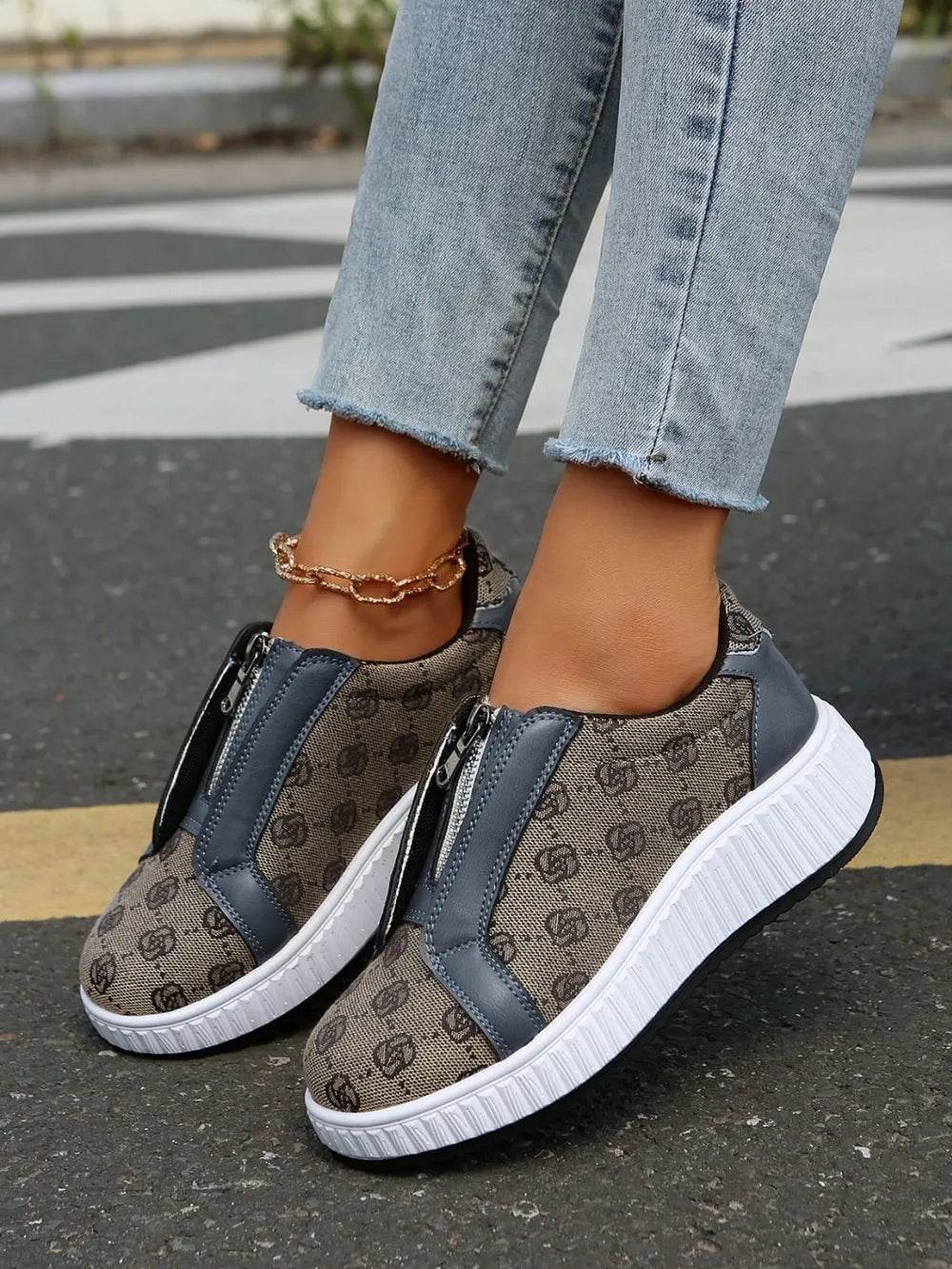 Floral Round Toe Sneakers with Zip - Tredona LLC