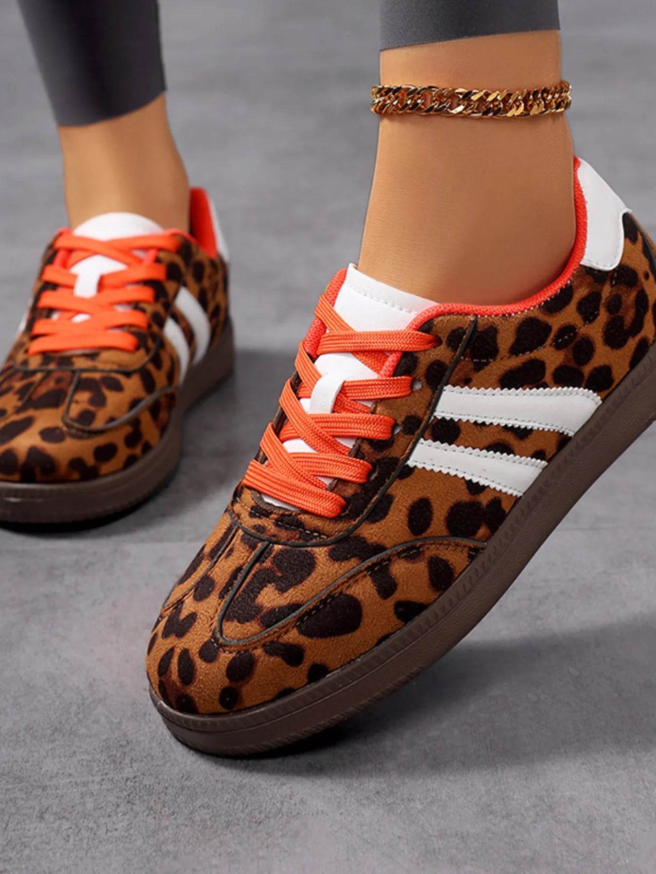 Leopard Print Stripe Detail Lace-up Sneakers - Tredona LLC