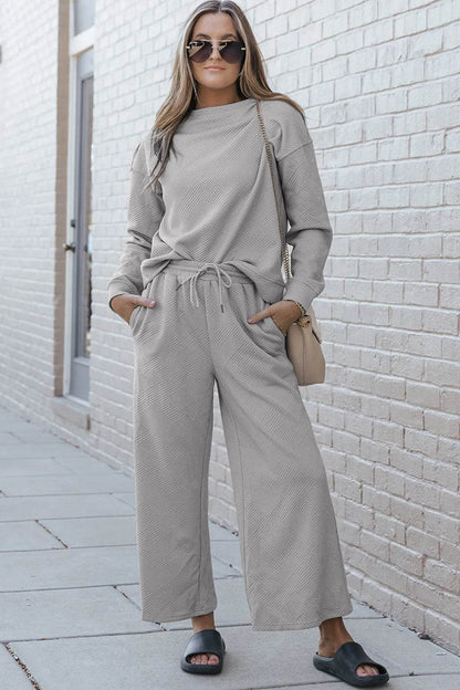 Double Take Full Size Textured Long Sleeve Top and Drawstring Pants Set - Tredona LLC
