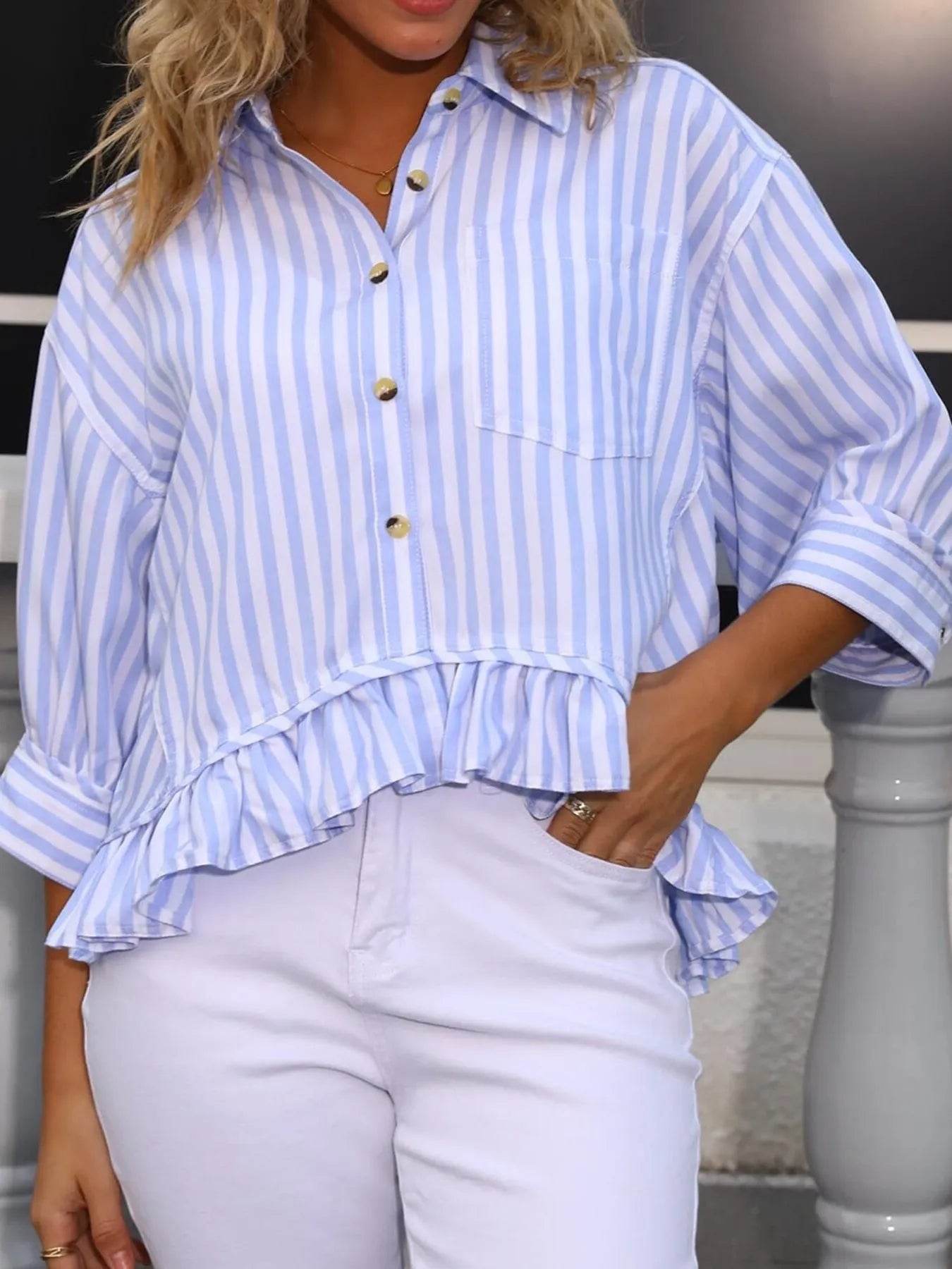 Striped Ruffle Hem Button-Up Shirt - Tredona LLC
