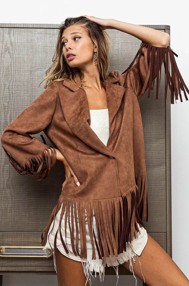 BiBi Single Blazer with Fringed Hem - Tredona LLC