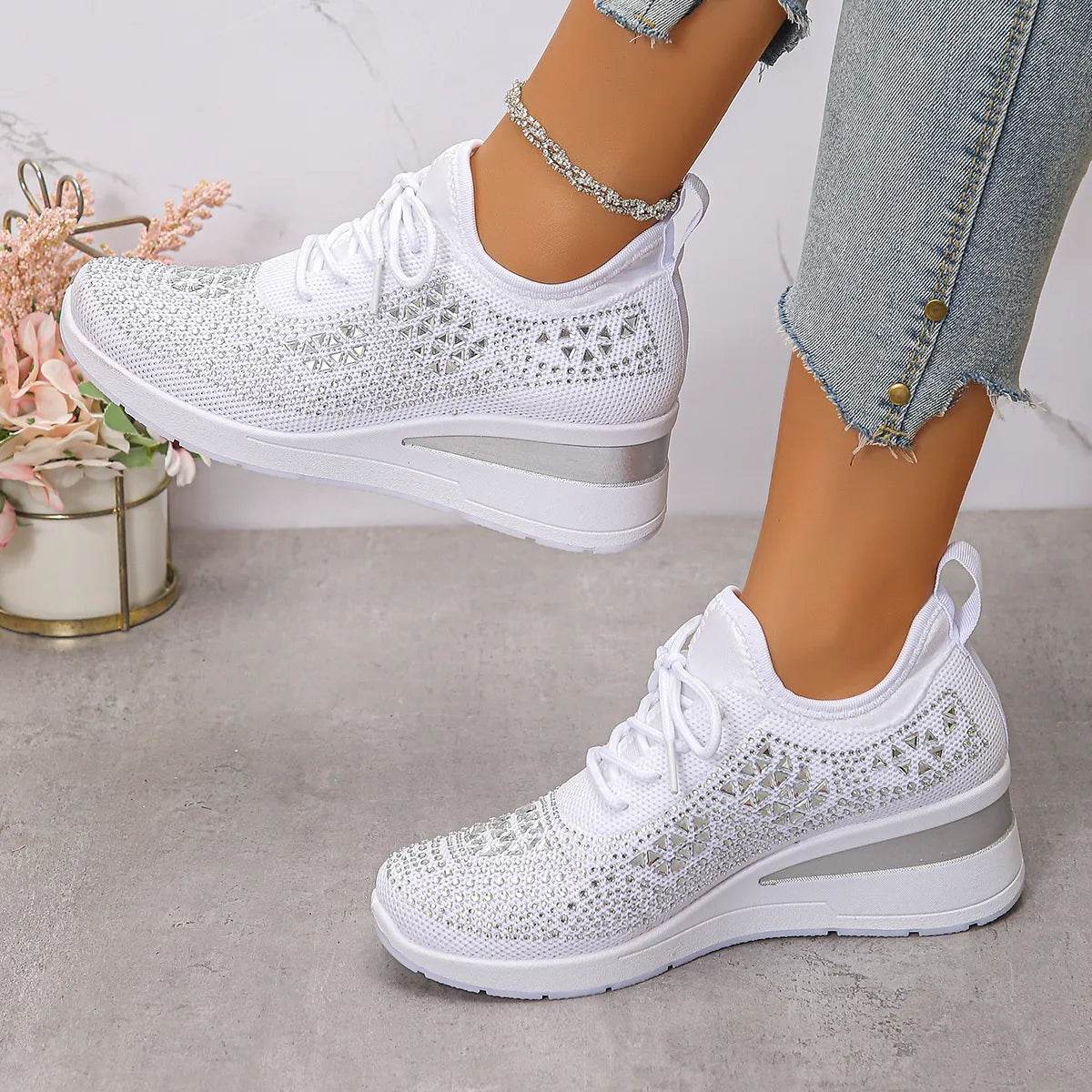Breathable Mesh Rhinestone Wedge Athletic Sneakers - Tredona LLC