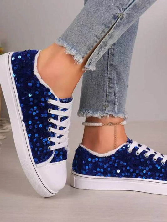 Sequin Round Toe Flat Sneakers - Tredona LLC