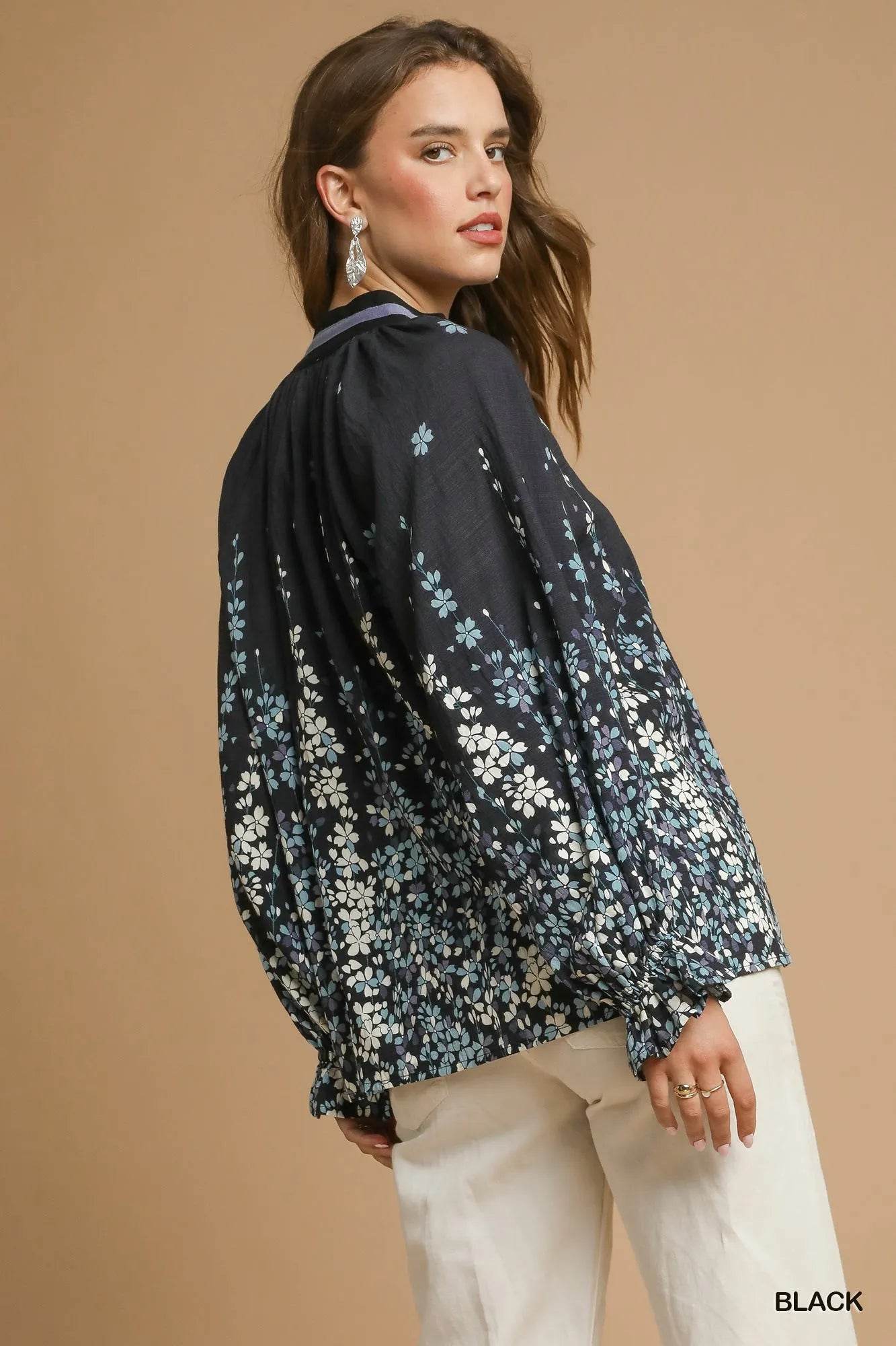 Umgee Full Size Floral Vine Print Blouse with Balloon Sleeves Plus Size - Tredona LLC