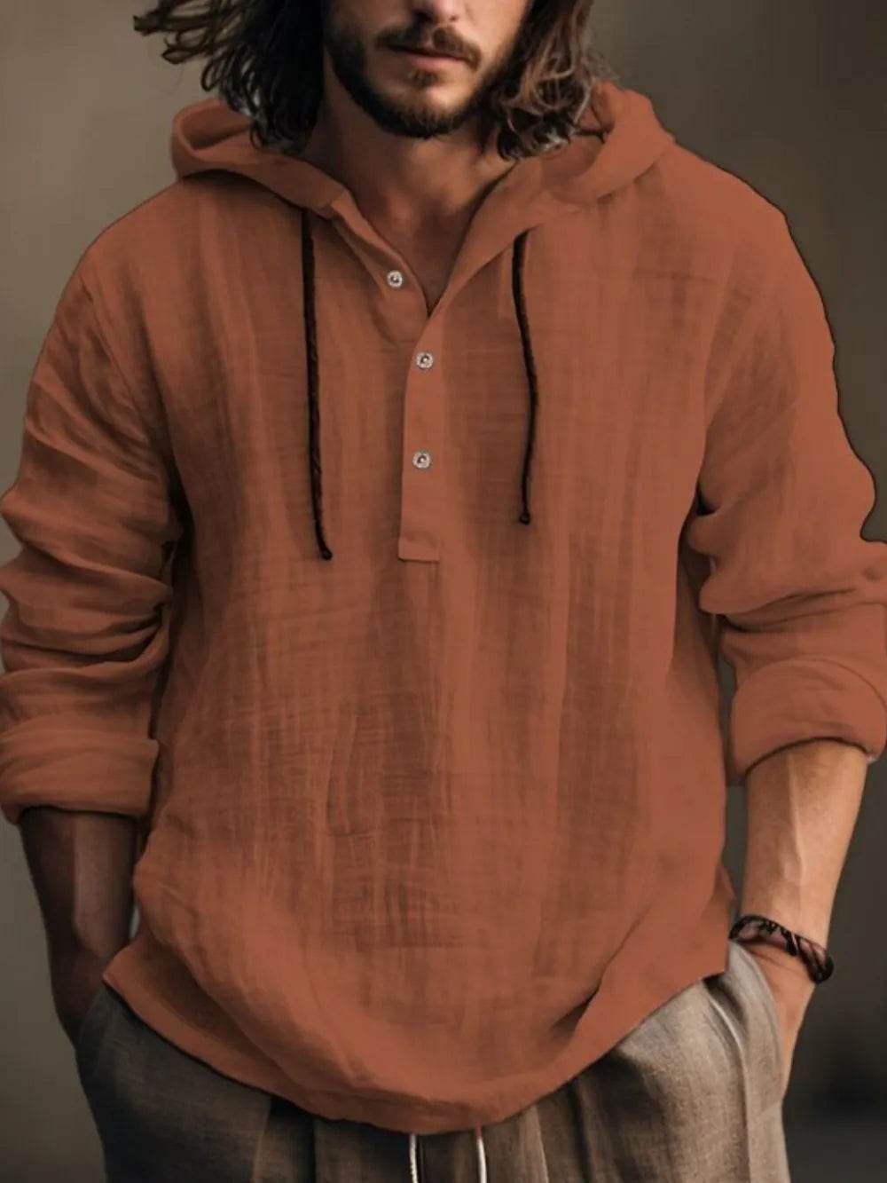 Men's Full Size Half Button Long Sleeve Hoodie - Tredona LLC
