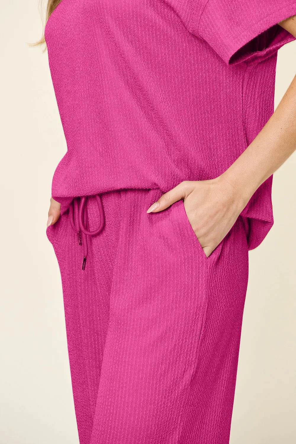 Double Take Full Size Texture Round Neck Short Sleeve T-Shirt and Wide Leg Pants - Tredona LLC