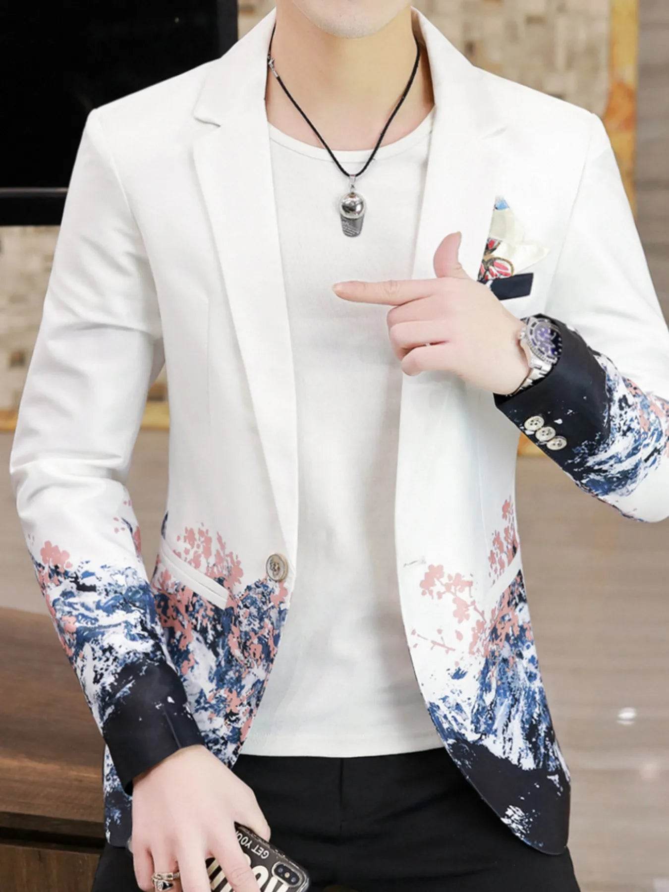 Men's Plus Size Printed One Button Long Sleeve Blazer - Tredona LLC