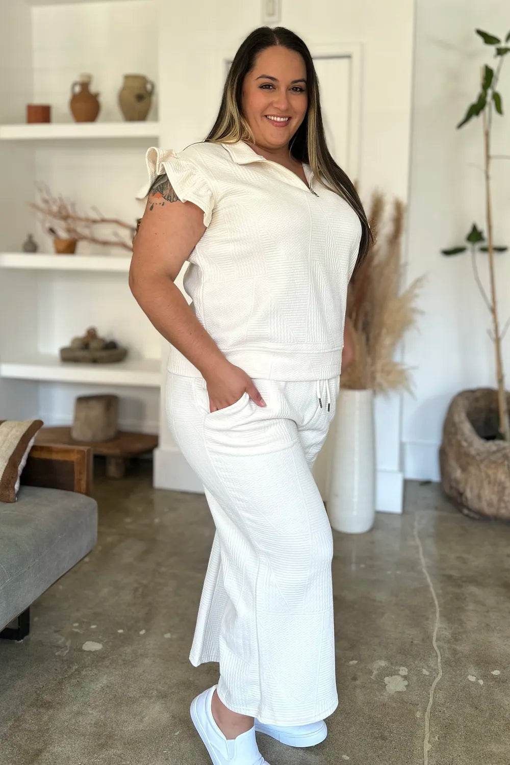 Double Take Full Size Texture Ruffle Short Sleeve Top and Wide Leg Pants Set - Tredona LLC