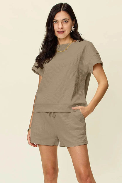 Double Take Full Size Texture Short Sleeve T-Shirt and Drawstring Shorts Set - Tredona LLC