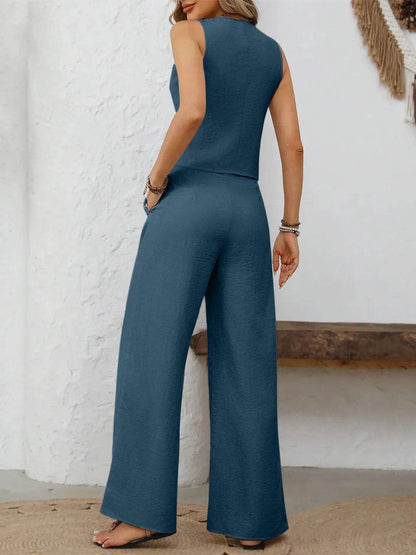 V-Neck Button Down Vest and Wide Leg Pants Set - Tredona LLC