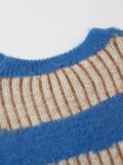 Men's Oversized Contrast Striped Round Neck Sweater - Tredona LLC