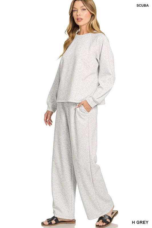 Zenana Scuba Crewneck Sweatshirt and Pants Set - Tredona LLC