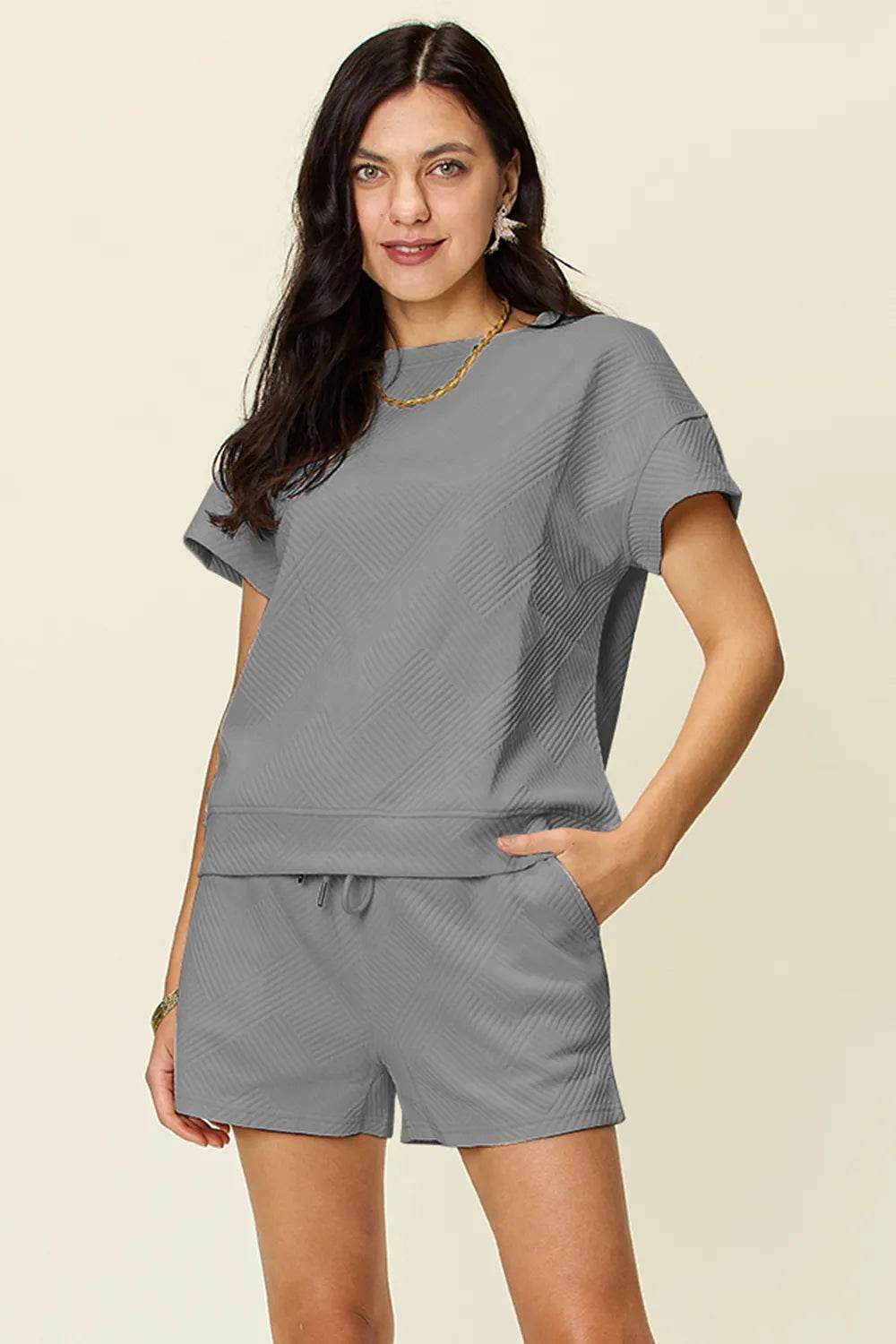 Double Take Full Size Texture Short Sleeve T-Shirt and Drawstring Shorts Set - Tredona LLC