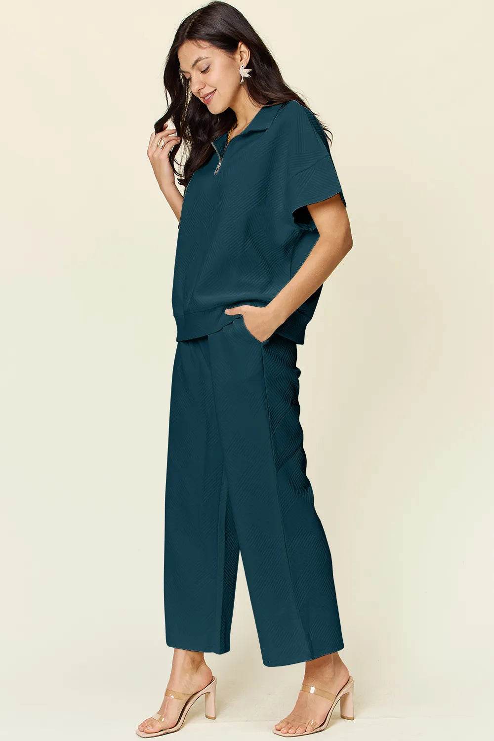 Double Take Full Size Texture Half Zip Short Sleeve Top and Pants Set - Tredona LLC