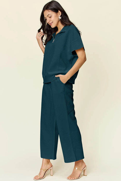 Double Take Full Size Texture Half Zip Short Sleeve Top and Pants Set - Tredona LLC