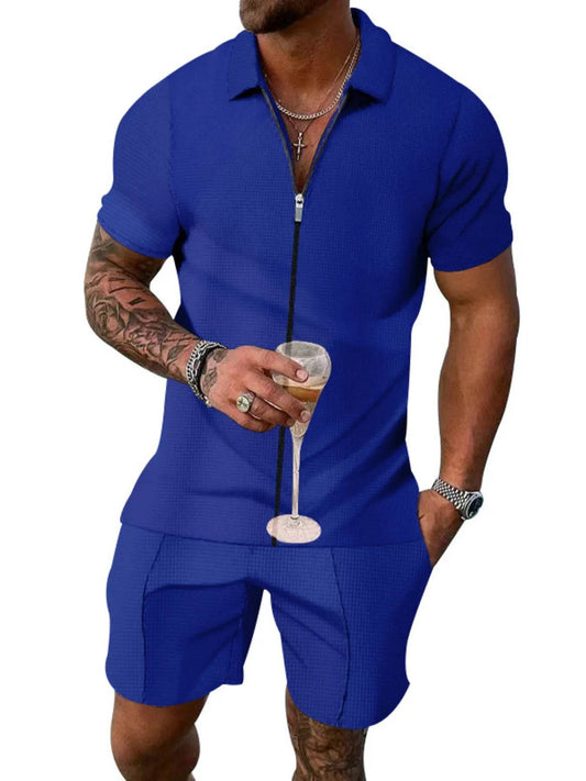 Men's Plus Size Zip Up Short Sleeve Top and Shorts Set - Tredona LLC