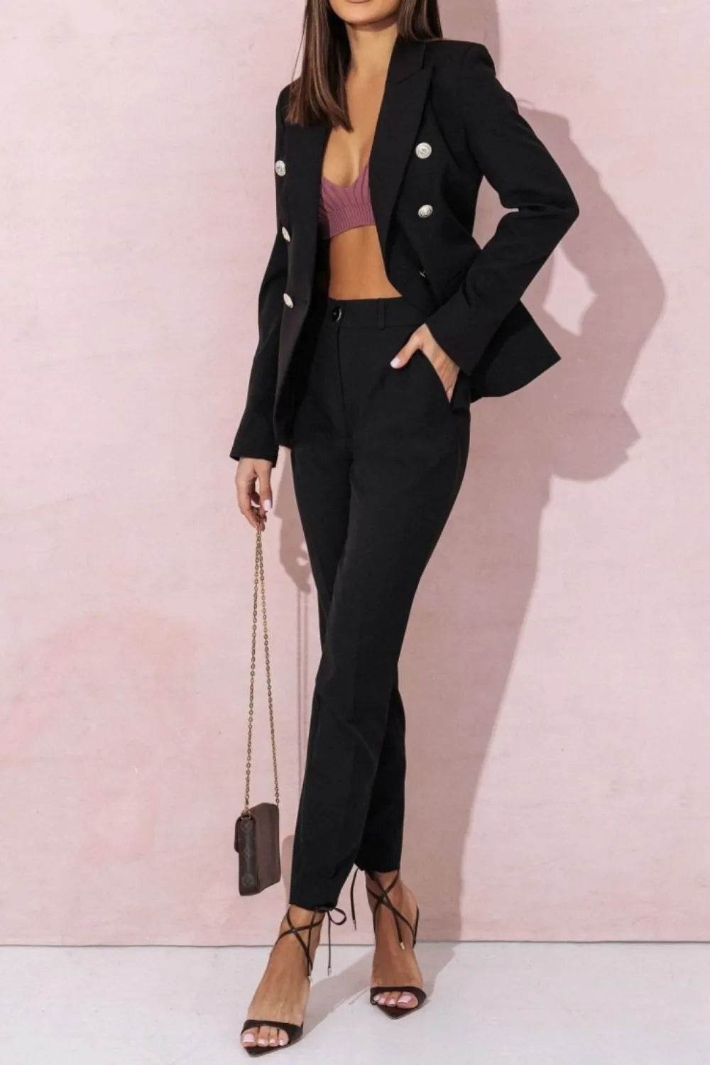 Full Size Lapel Collar Long Sleeve Blazer and Pants Set Plus Size - Tredona LLC