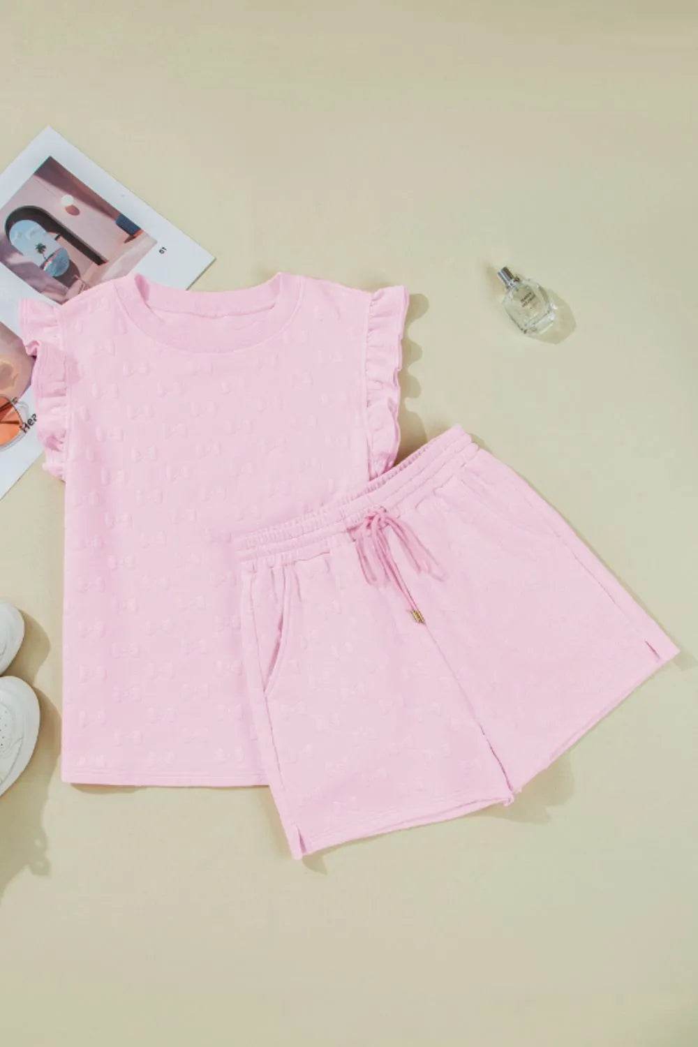 Bow Jacquard Ruffle Cap Sleeve Top and Shorts Set - Tredona LLC