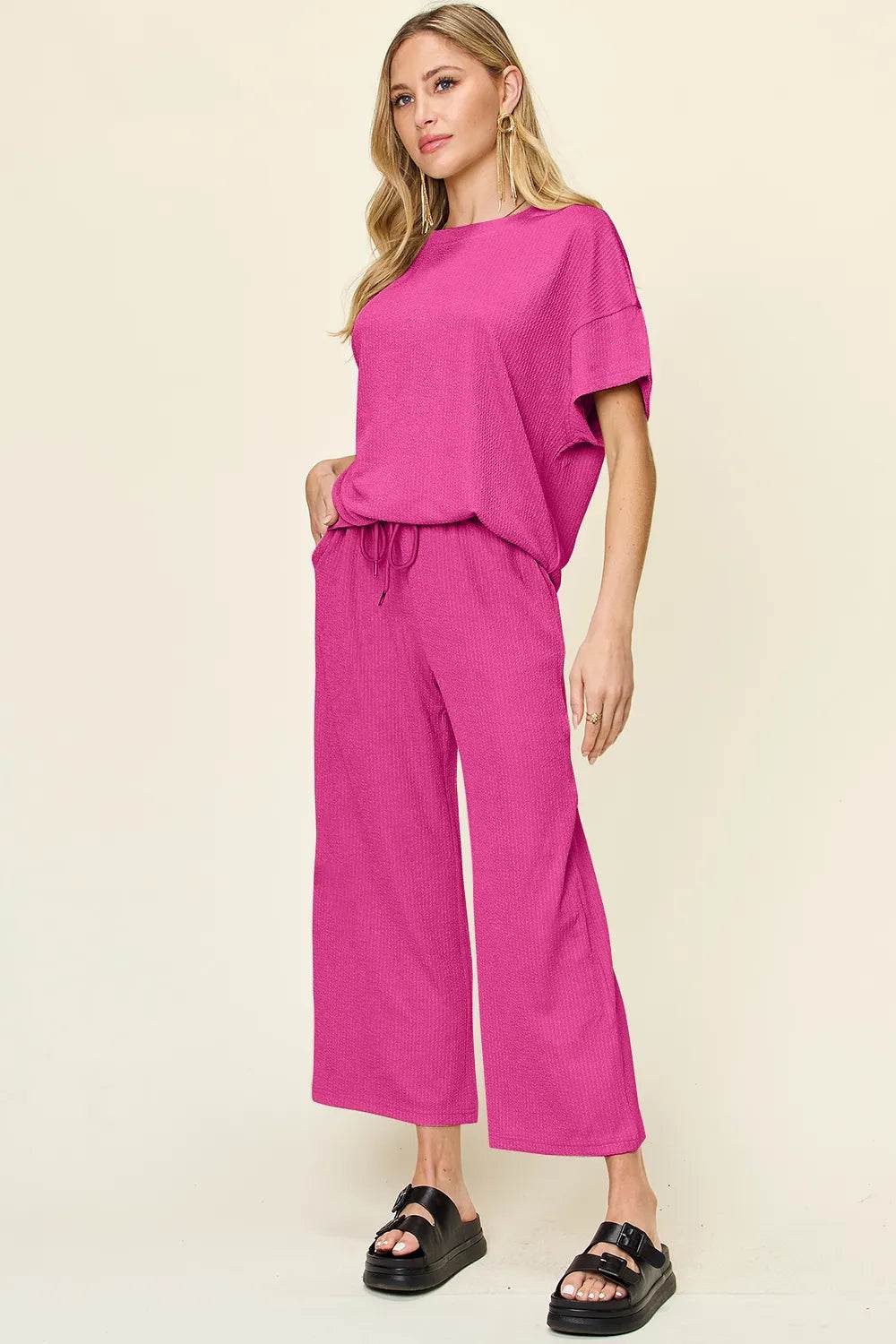 Double Take Full Size Texture Round Neck Short Sleeve T-Shirt and Wide Leg Pants - Tredona LLC