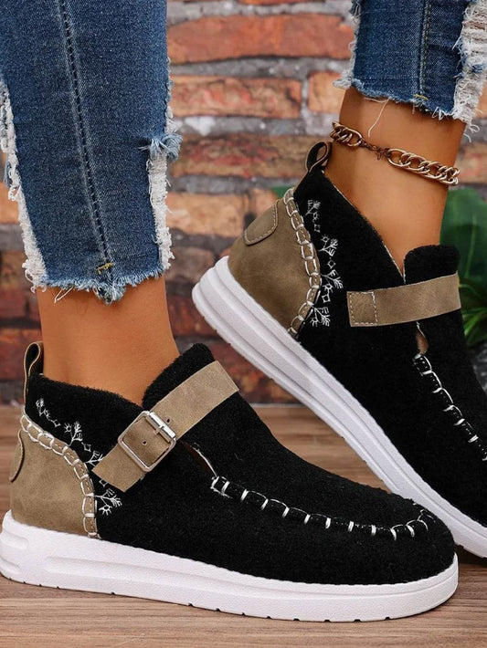 Contrast Round Toe Buckle Sneakers - Tredona LLC