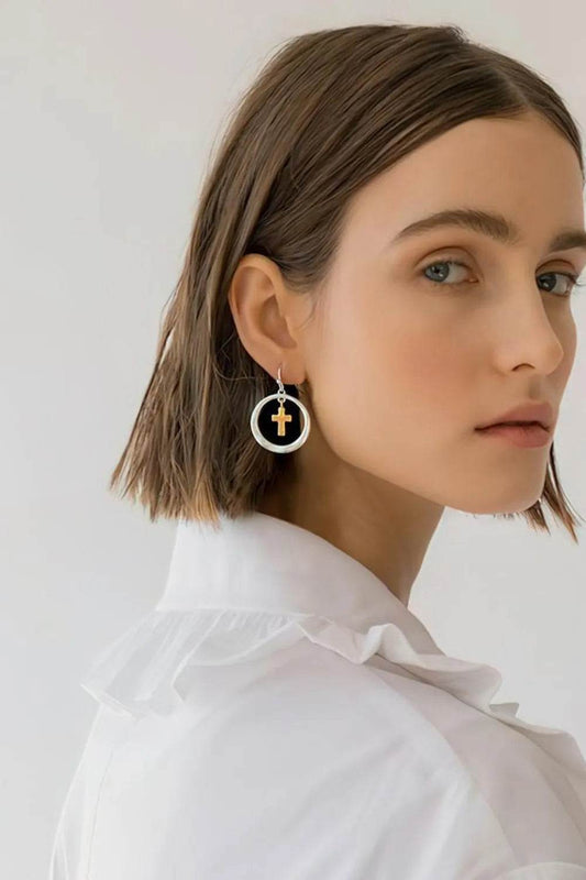 Brass Contrast Cross Dangle Earrings - Tredona LLC