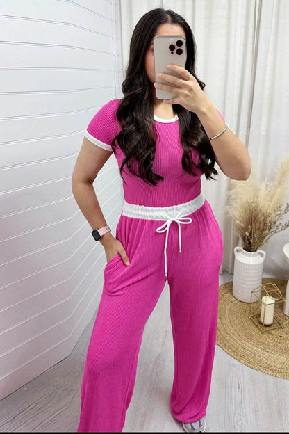 Contrast Trim Round Neck Top and Pants Set - Tredona LLC