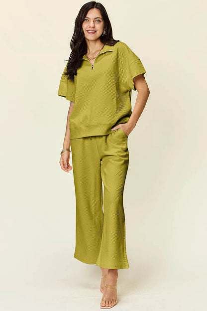 Double Take Full Size Texture Half Zip Short Sleeve Top and Pants Set - Tredona LLC