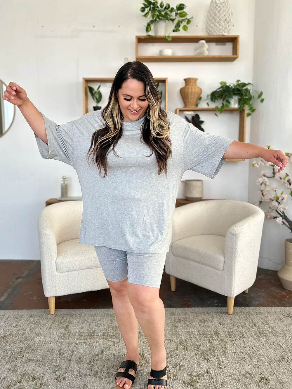 Basic Bae Bamboo Full Size Round Neck Drop Shoulder T-Shirt and Shorts Set - Tredona LLC
