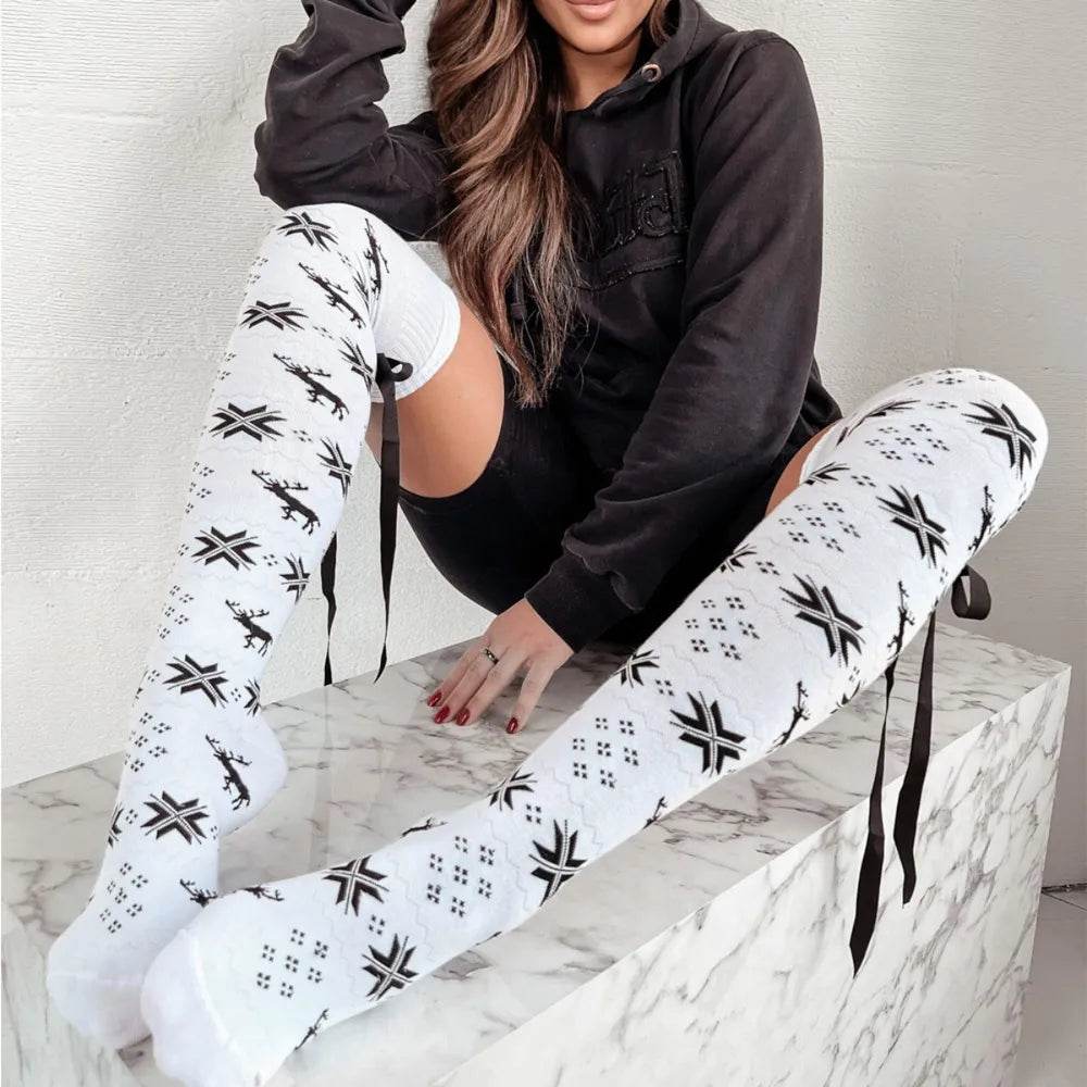 Christmas Element Bowknot Ribbed Trim Over Knee Stockings - Tredona LLC