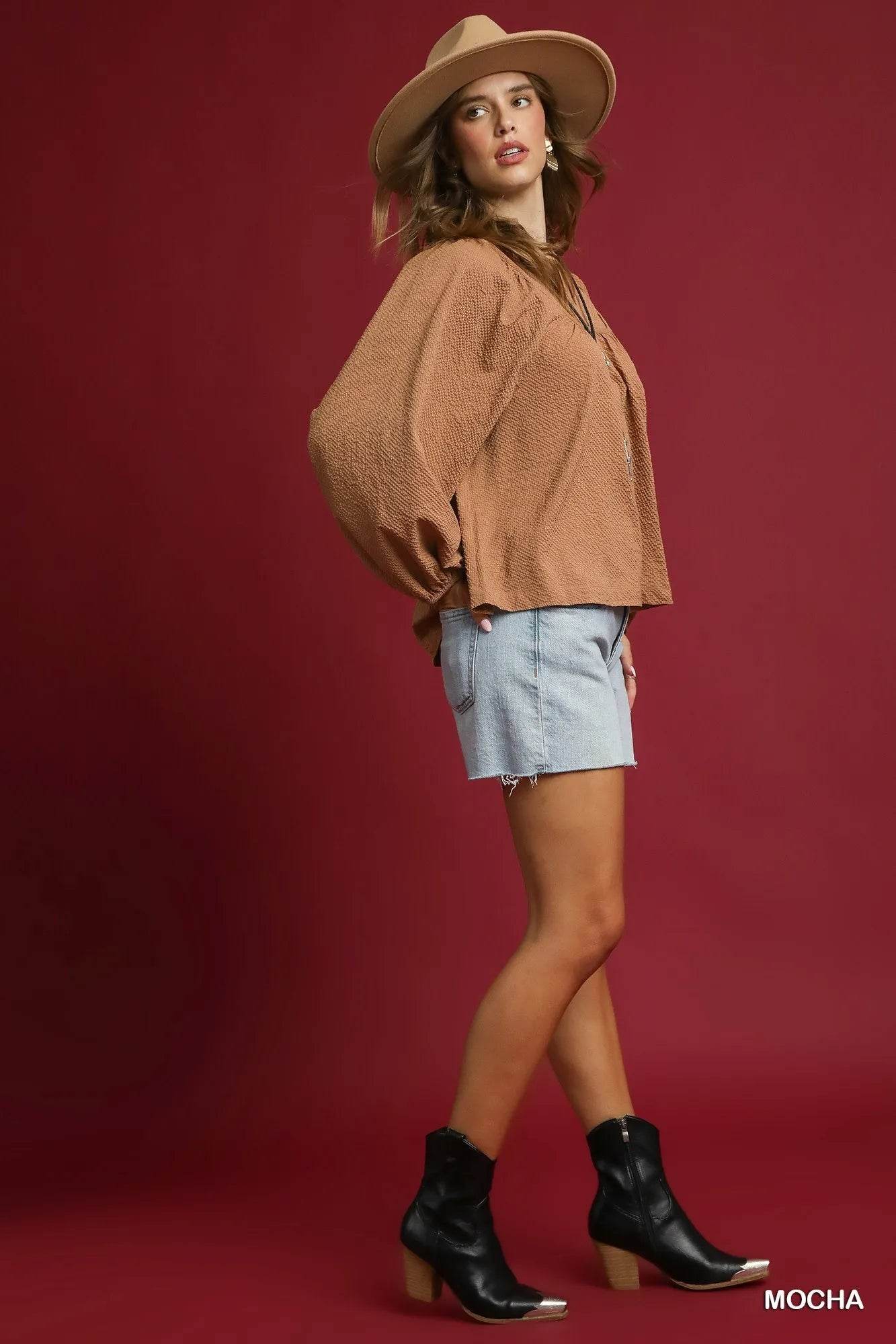 Umgee Textured Notched Blouse with Balloon Sleeves - Tredona LLC