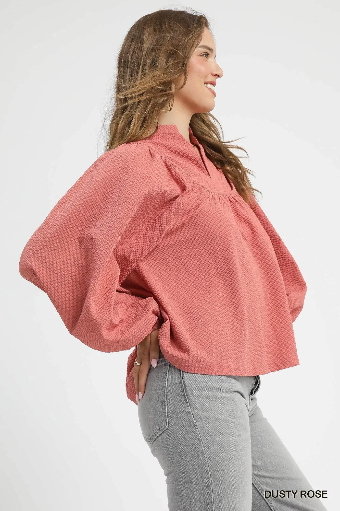 Umgee Textured Notched Blouse with Balloon Sleeves - Tredona LLC