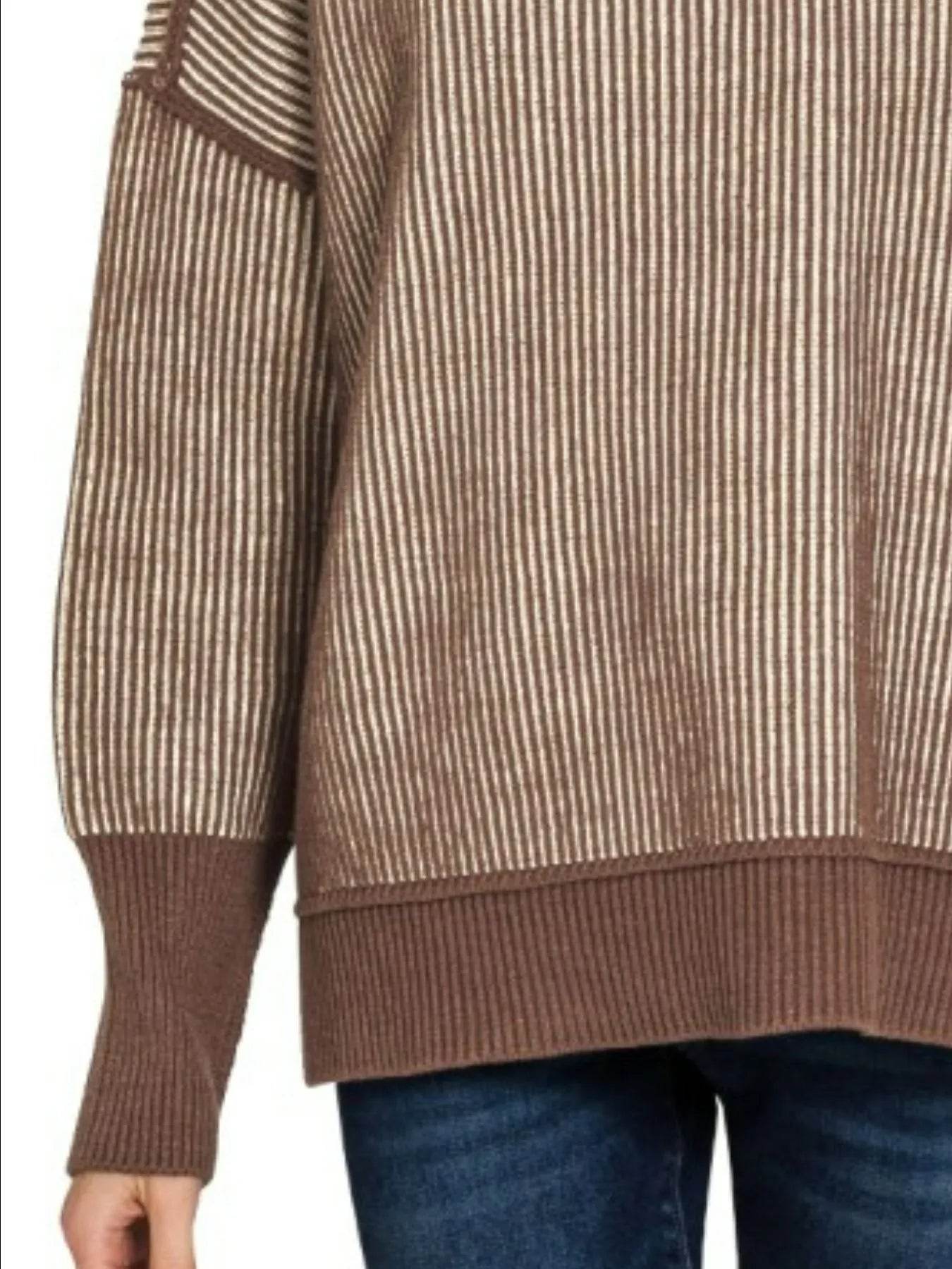 Zenana Exposed Seam Two Tone Ribbed Sweater - Tredona LLC