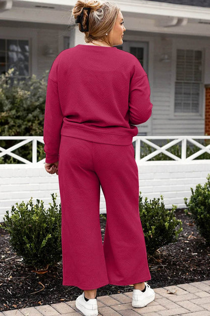 Double Take Full Size Textured Long Sleeve Top and Drawstring Pants Set - Tredona LLC