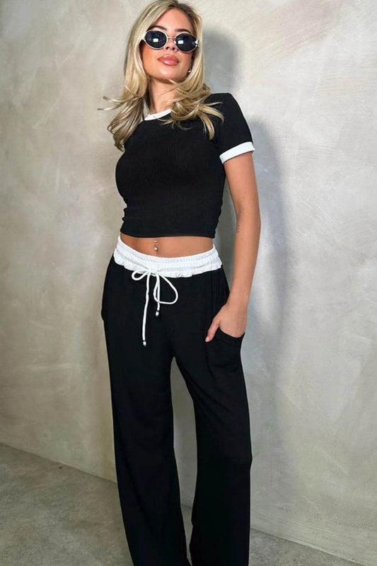 Contrast Trim Round Neck Top and Pants Set - Tredona LLC