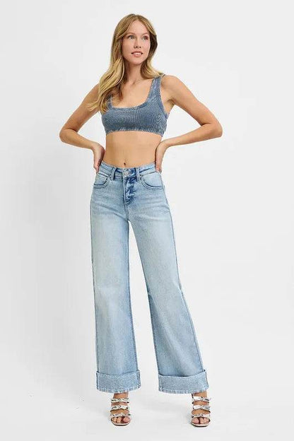 RISEN Full Size Tummy Control High Rise Ankle Wide Cuffed Jeans Plus Size - Tredona LLC