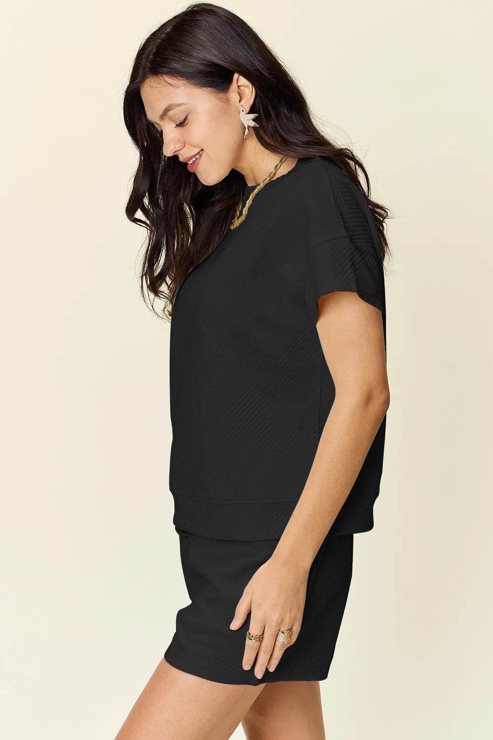 Double Take Full Size Texture Short Sleeve T-Shirt and Drawstring Shorts Set - Tredona LLC