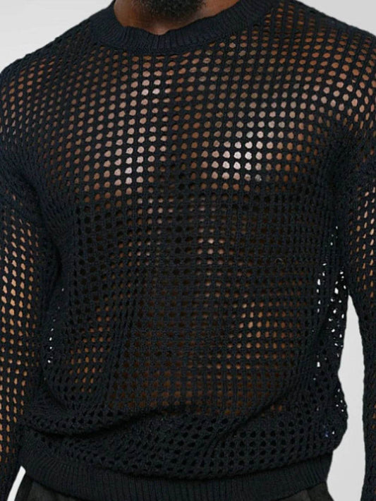 Men's Full Size Hollow Out Round Neck Long Sleeve Top Plus Size - Tredona LLC