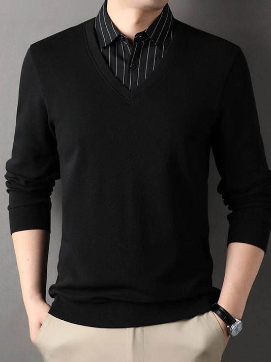Men's Long Sleeve Striped Collar Polo - Tredona LLC