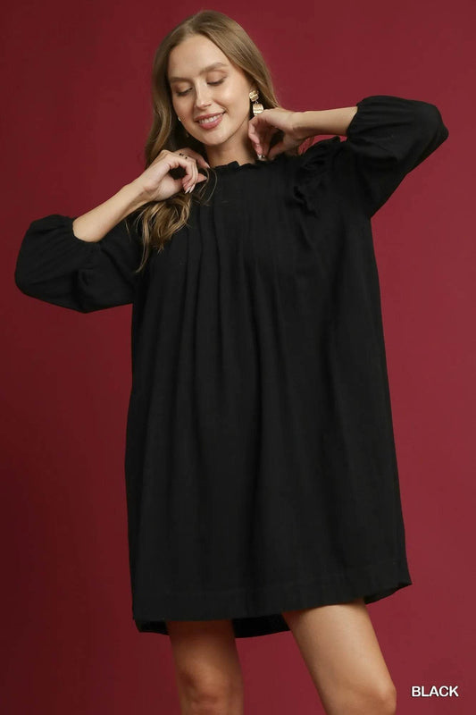 Umgee Linen Ruffle Shoulder Pleated Babydoll Dress - Tredona LLC