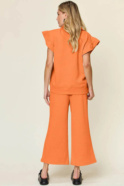 Double Take Texture Ruffle Short Sleeve Top and Drawstring Wide Leg Pants Set - Tredona LLC