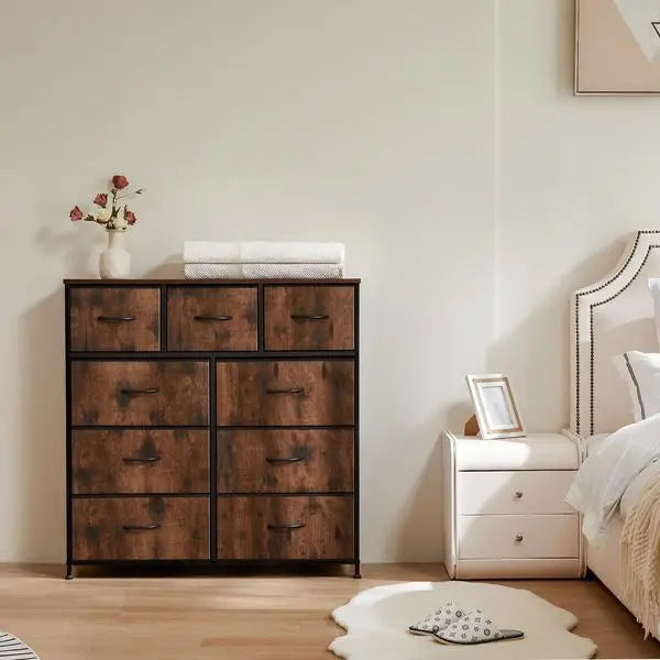 Dresser for Bedroom with 9 Fabric Drawers, Tall Chest Organizer Units for Clothing, Closet, Storage Tower with Cabinet, Metal Fr