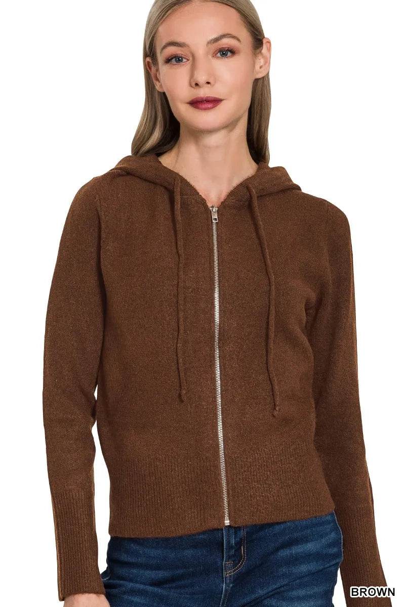 Zenana Drawstring Zip Up Hooded Cardigan - Tredona LLC