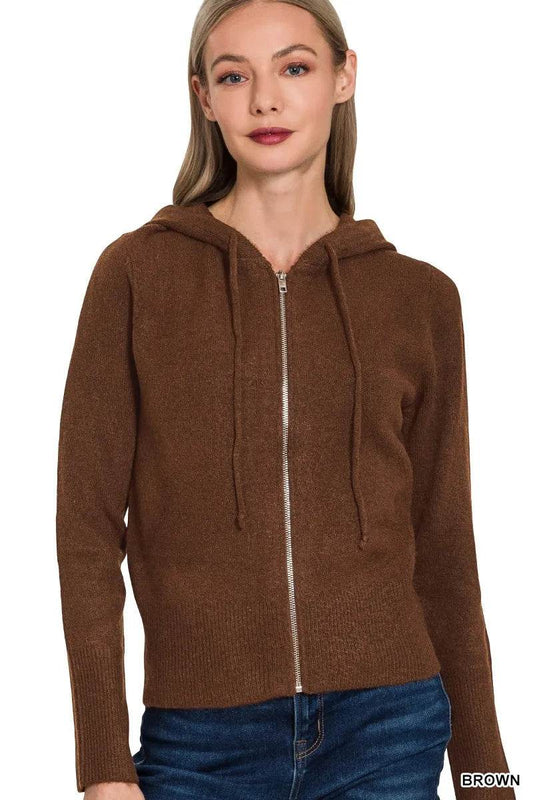 Zenana Drawstring Zip Up Hooded Cardigan - Tredona LLC