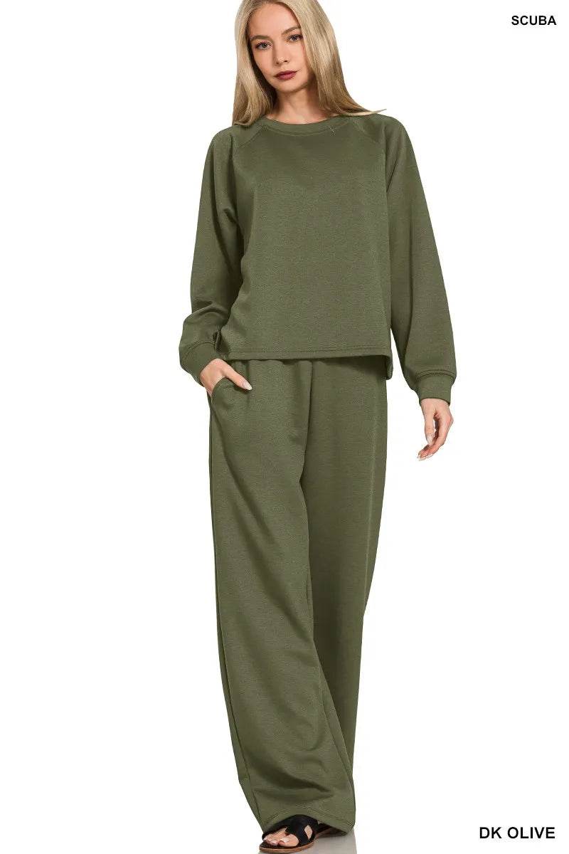 Zenana Scuba Crewneck Sweatshirt and Pants Set - Tredona LLC