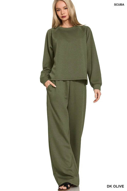 Zenana Scuba Crewneck Sweatshirt and Pants Set - Tredona LLC