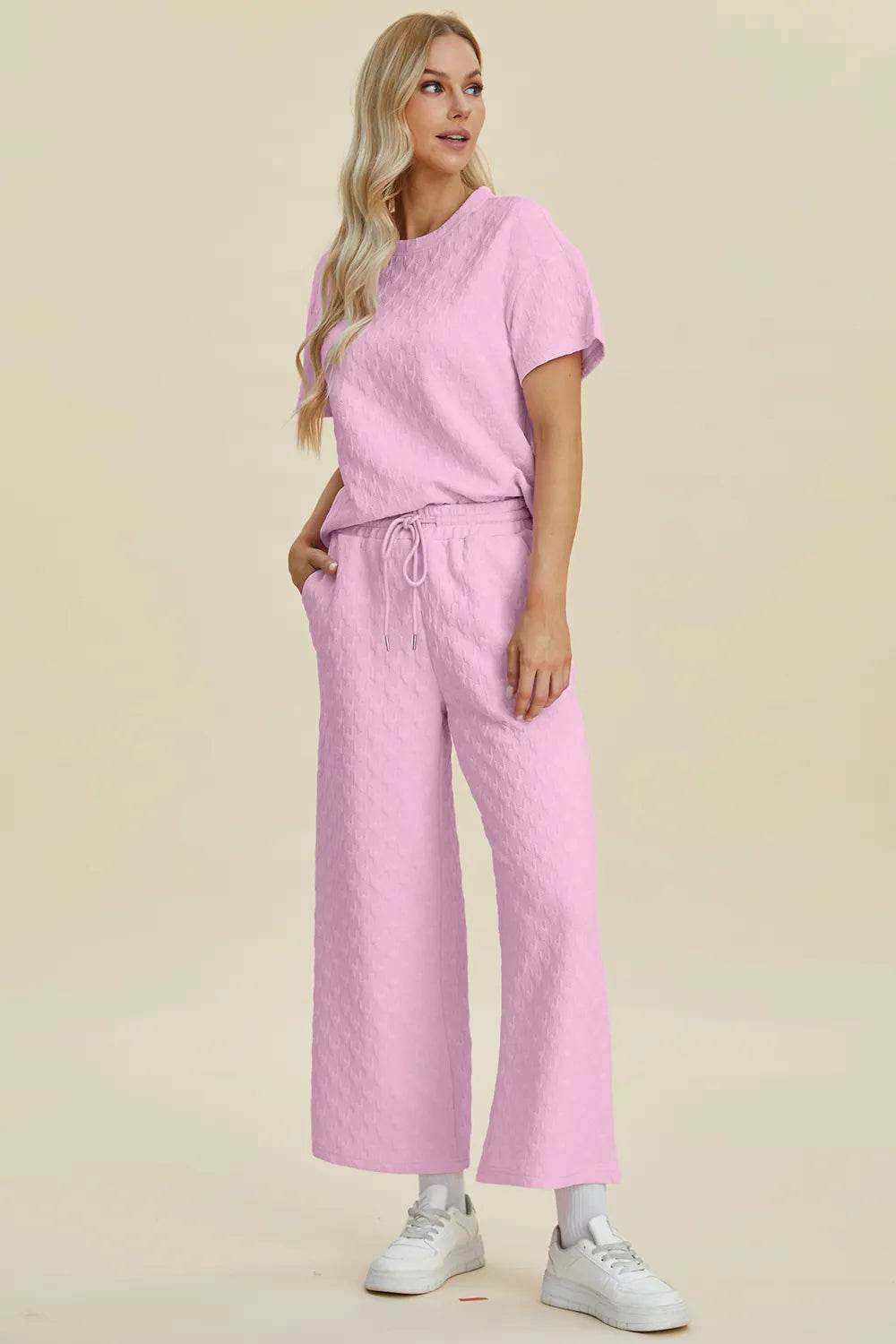 Double Take Full Size Texture Round Neck Short Sleeve Top and Pants Set - Tredona LLC