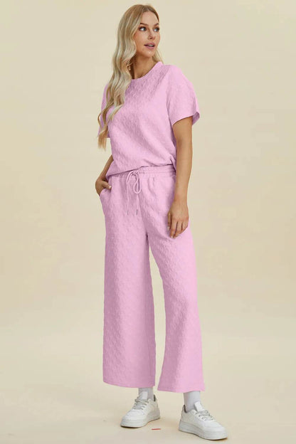 Double Take Full Size Texture Round Neck Short Sleeve Top and Pants Set - Tredona LLC