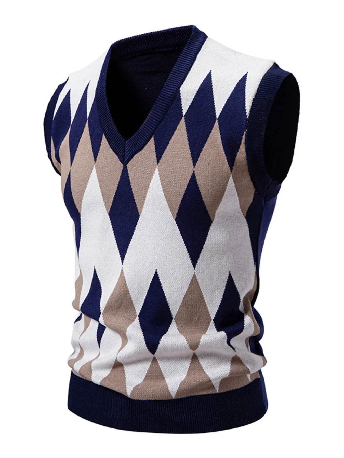 Men's Plus Size Diamond Pattern V-Neck Sweater Vest - Tredona LLC