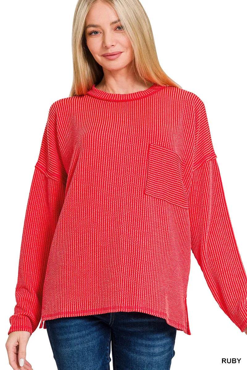 Zenana Long Sleeve Drop Shoulder Rib Top - Tredona LLC