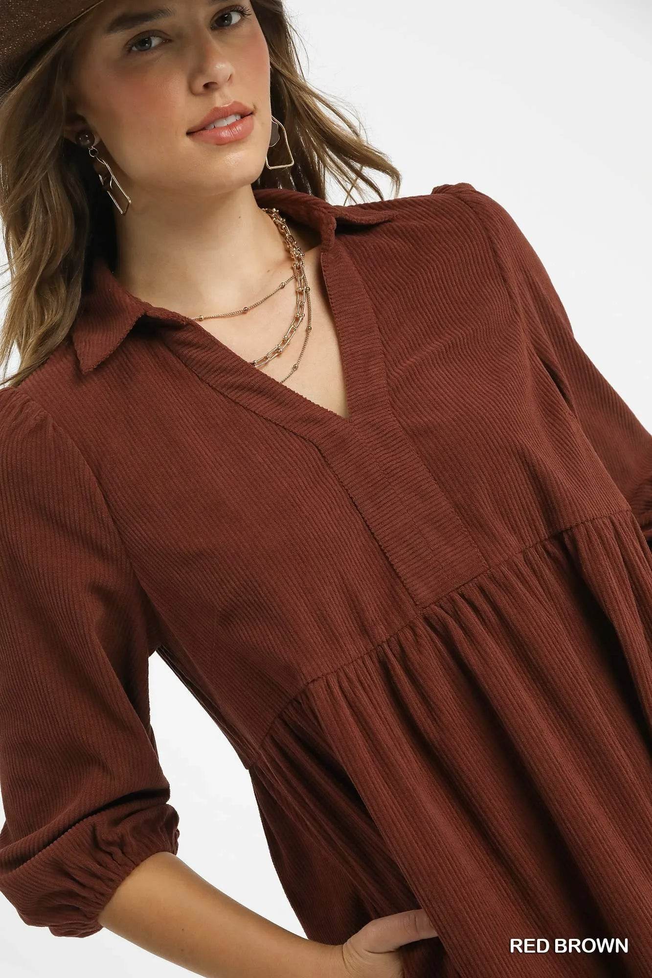 Umgee Tiered Corduroy Mini Dress with Balloon Sleeves - Tredona LLC